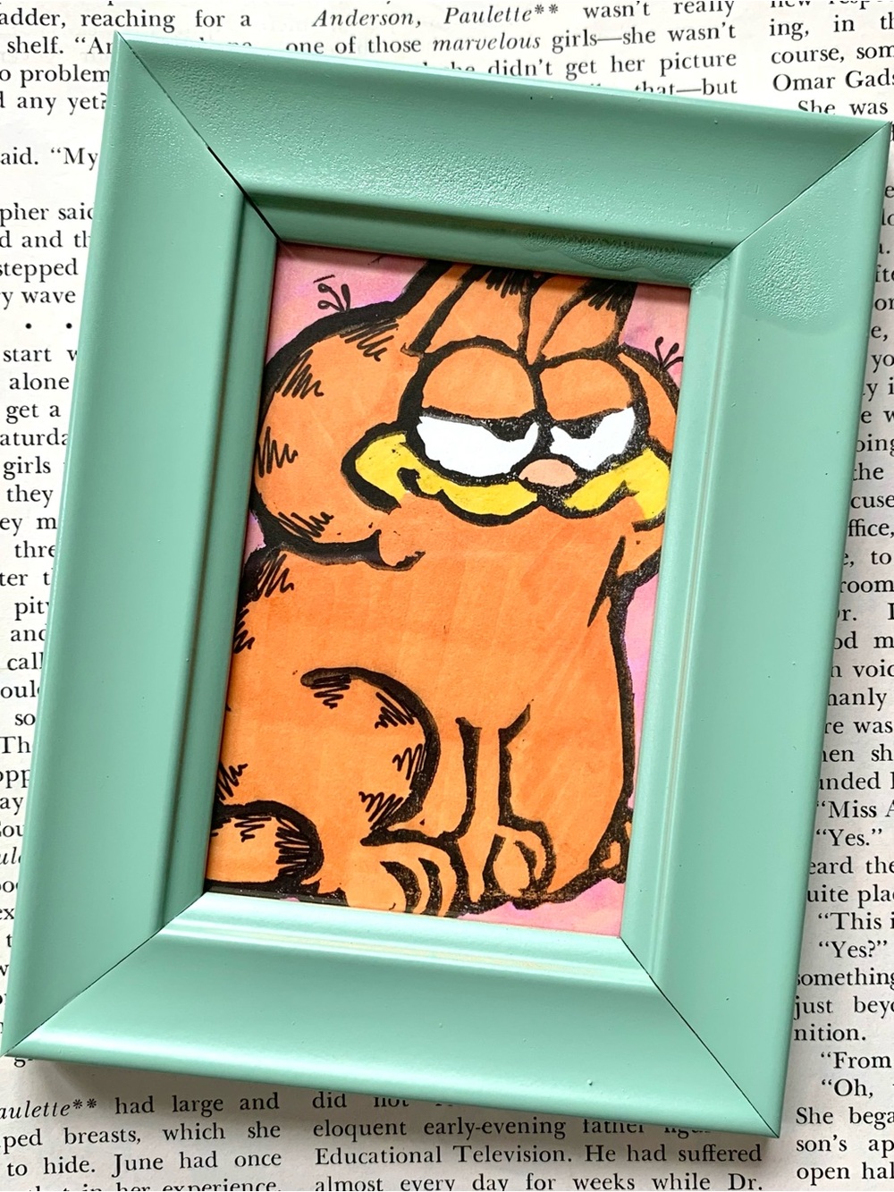Garfield Comic Linocut Block Print Pop Art Card ACEO | Vintage Green Frame